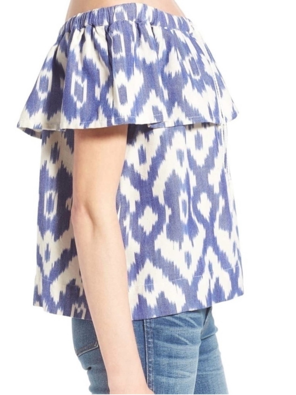 Madewell Blue & White Off-Shoulder Ikat Balcony Blouse Coastal Beach Summer Top - Picture 4 of 12